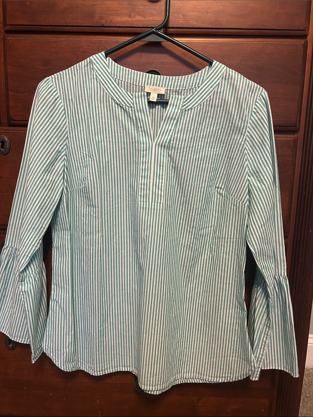 Talbots Teal and White Striped Split-Neck Bell Sleeve Blouse